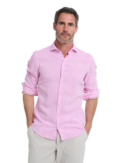 R2 R2 Short Fit overhemd mouwlengte 7 roze linnen