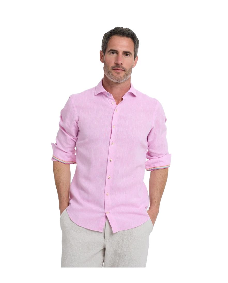 R2 Short Fit overhemd mouwlengte 7 roze linnen