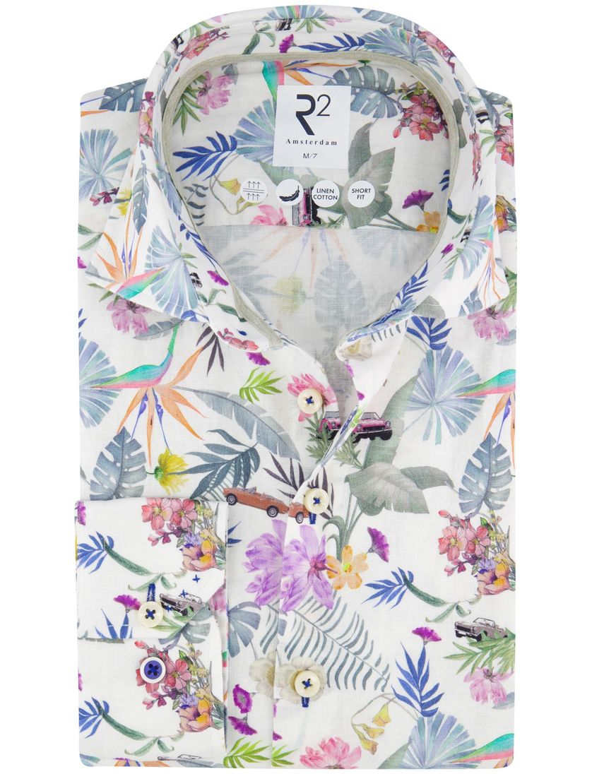 R2 overhemd Slim Fit wit geprint linnen mouwlengte 7