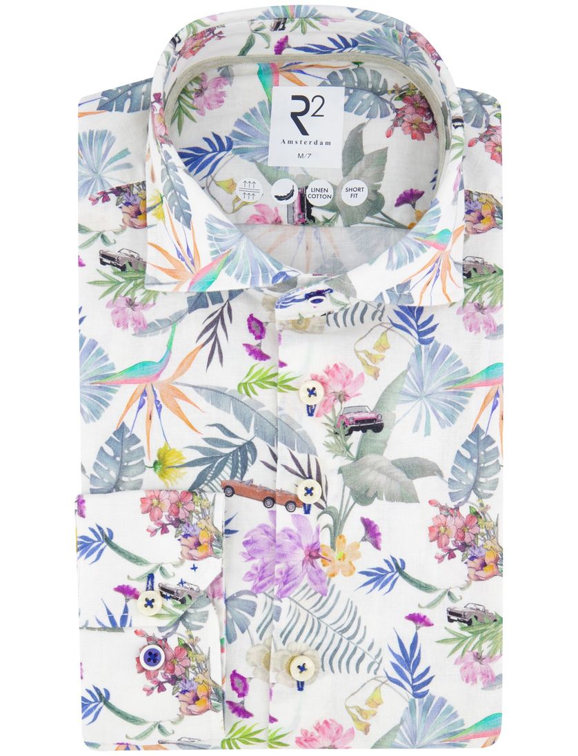 R2 overhemd Slim Fit wit geprint linnen mouwlengte 7