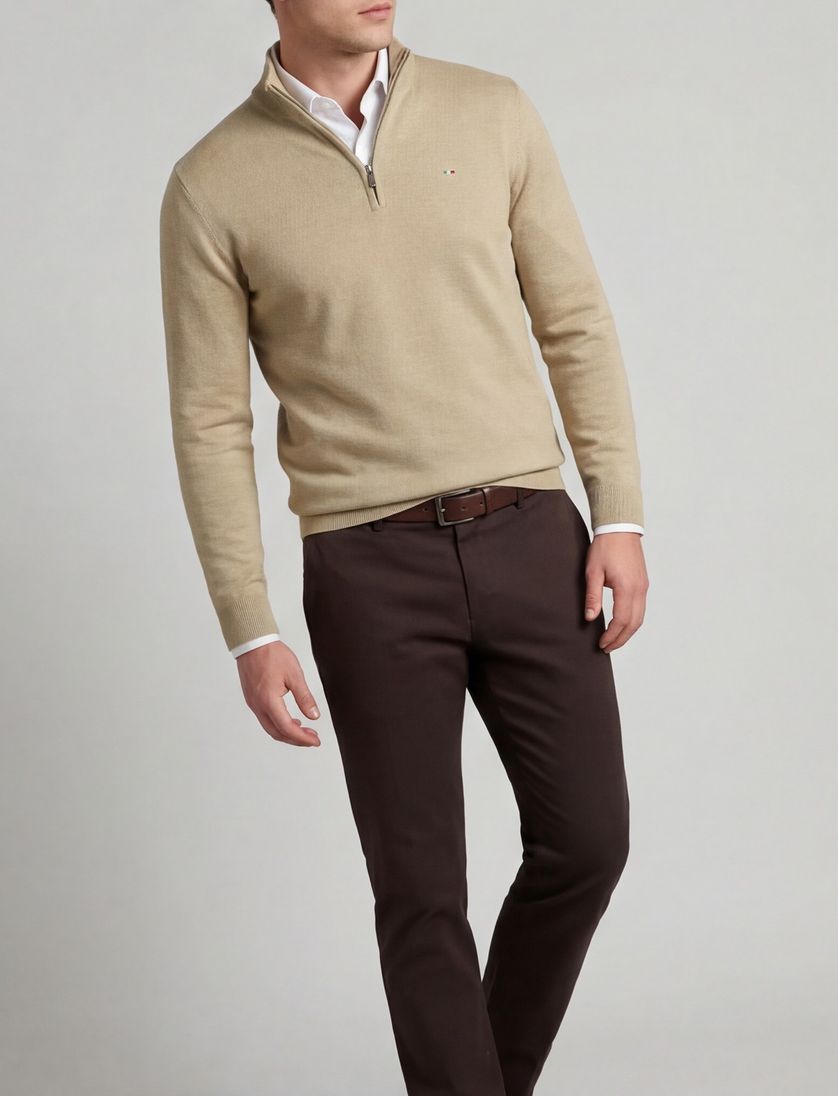 beige Portofino half zip trui met boord