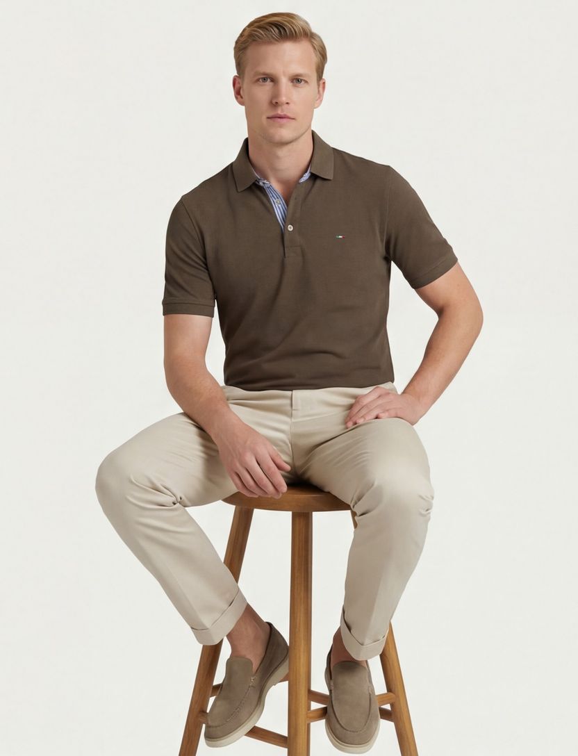 Portofino polo bruin pique 3-knoops