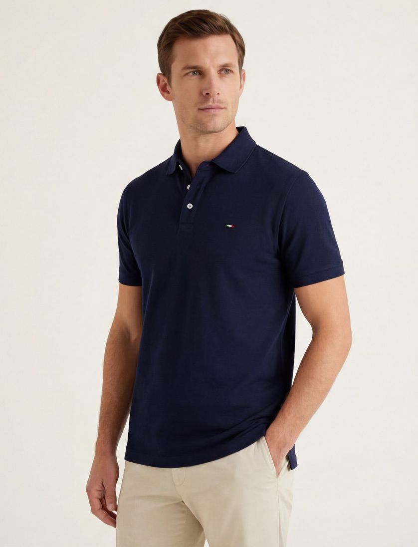 Portofino polo donkerblauw 3-knoops pique katoen