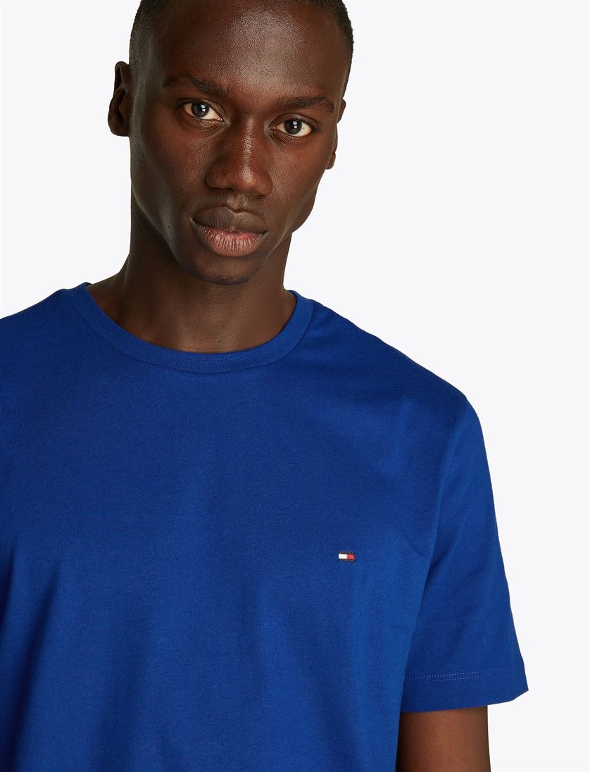 Tommy Hilfiger T-shirt effen blauw slim fit katoen ronde hals