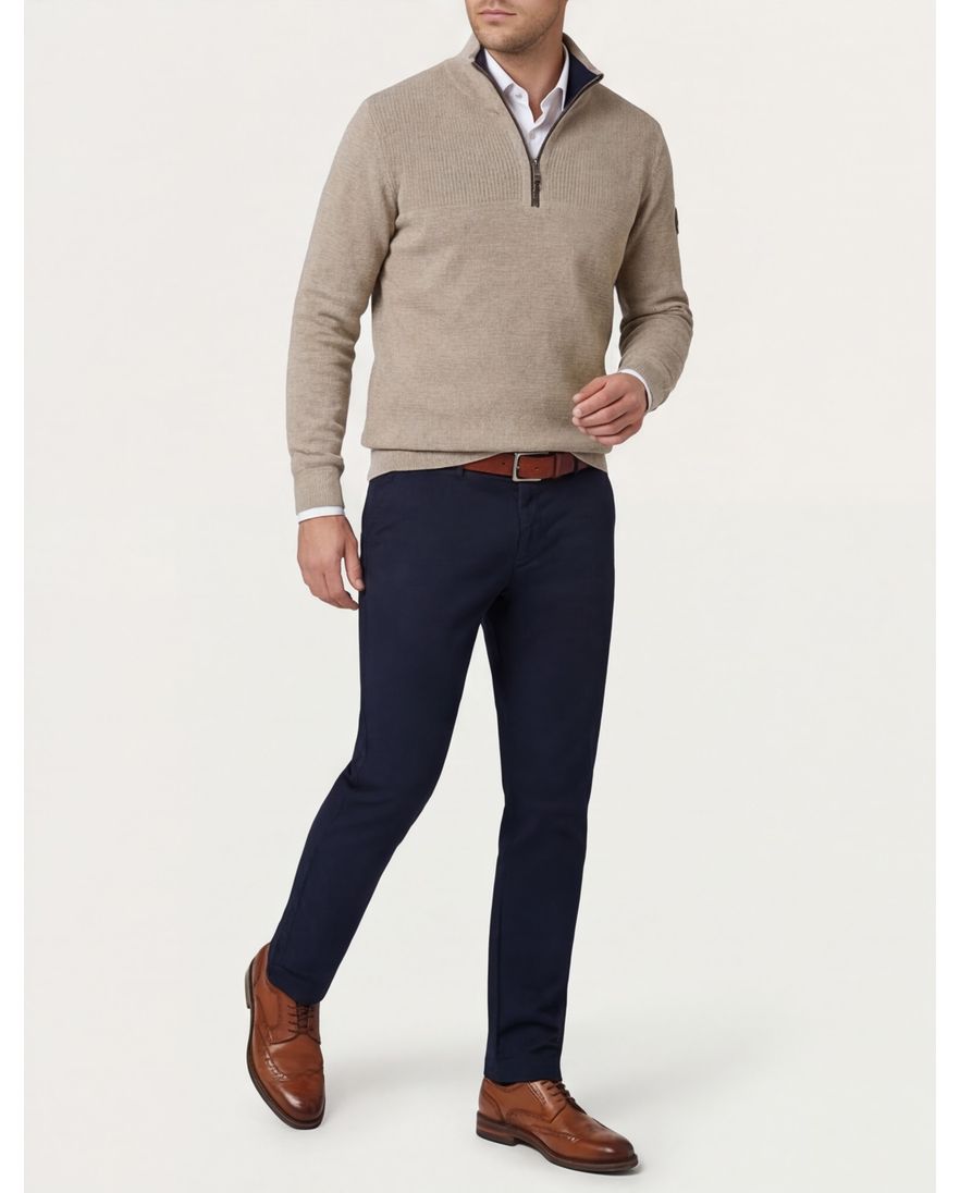 Casa Moda half zip effen beige trui katoen wijde fit