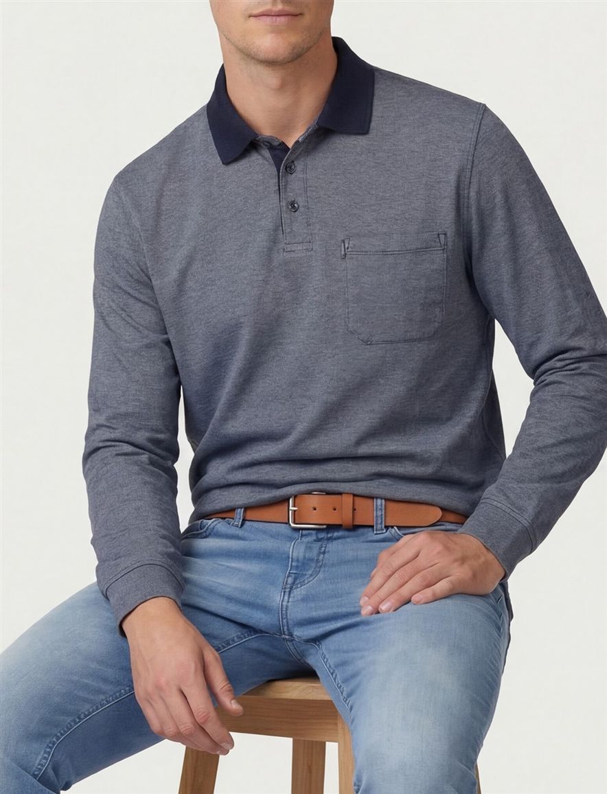 Casa Moda Polo lange mouw blauw met borstzak