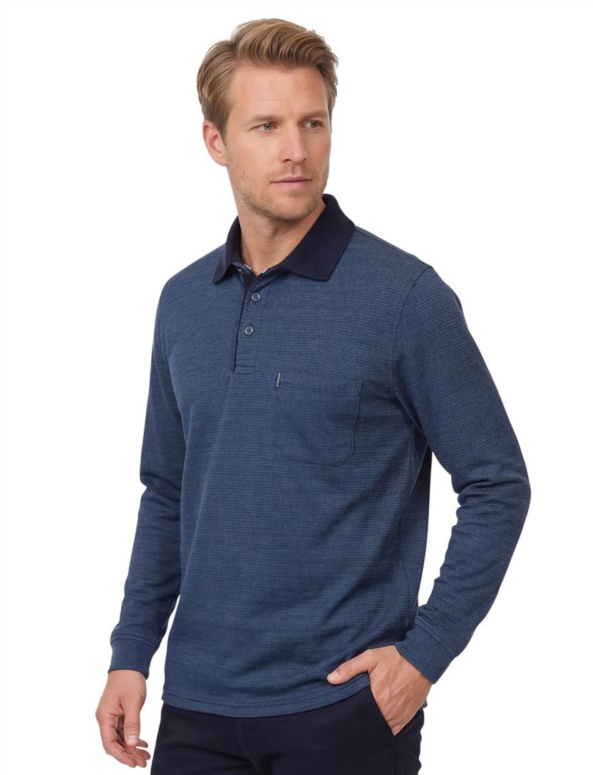 Casa Moda Polo lange mouw donkerblauw effen katoen