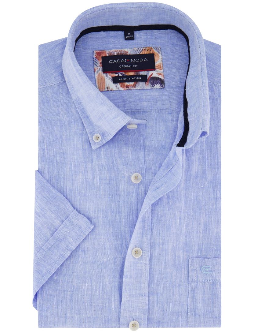 Casa Moda overhemd korte mouw blauw linnen wijde fit