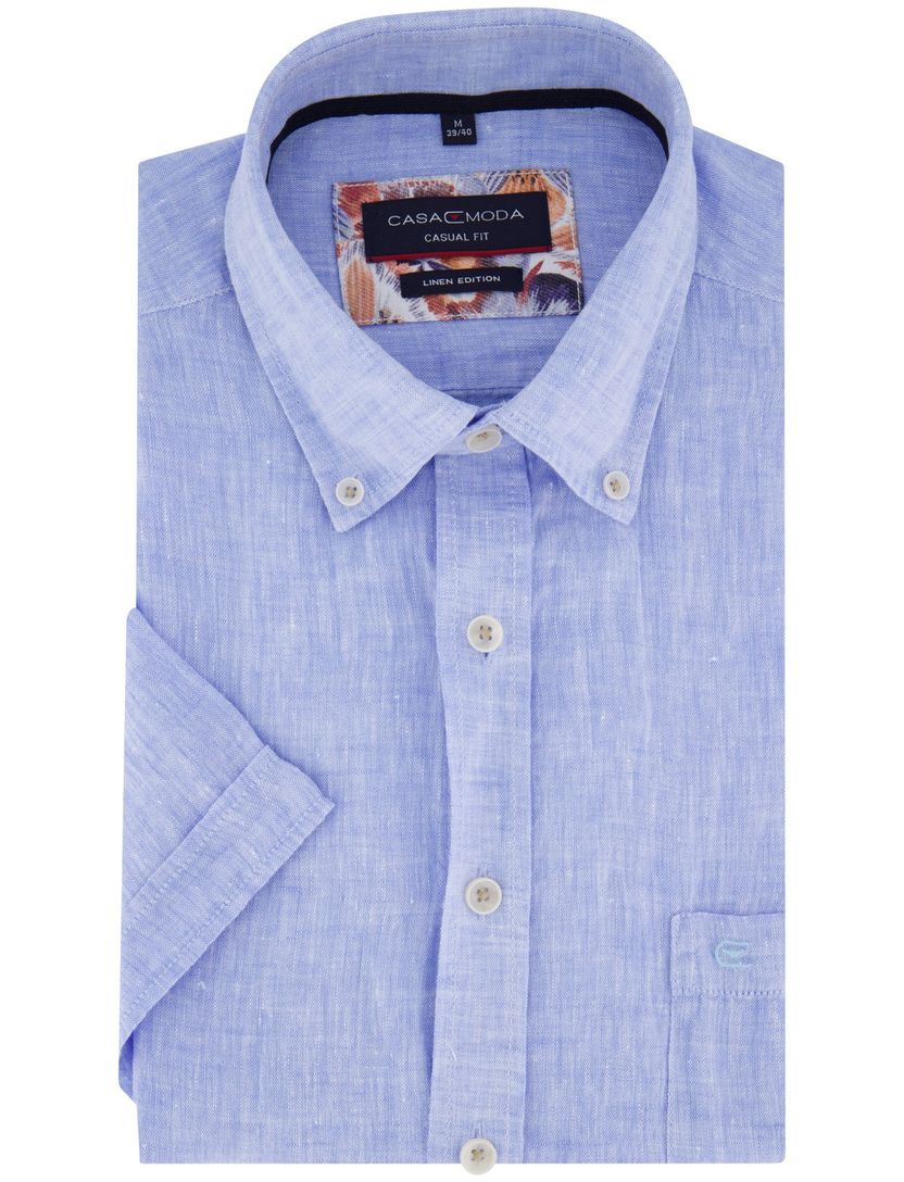 Casa Moda overhemd korte mouw blauw linnen wijde fit