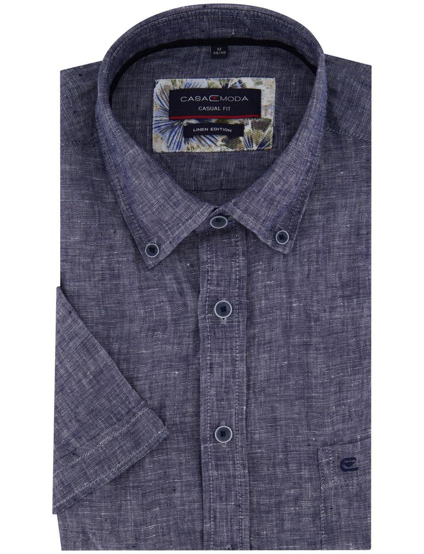 linnen Casa Moda overhemd korte mouw blauw effen wijde fit