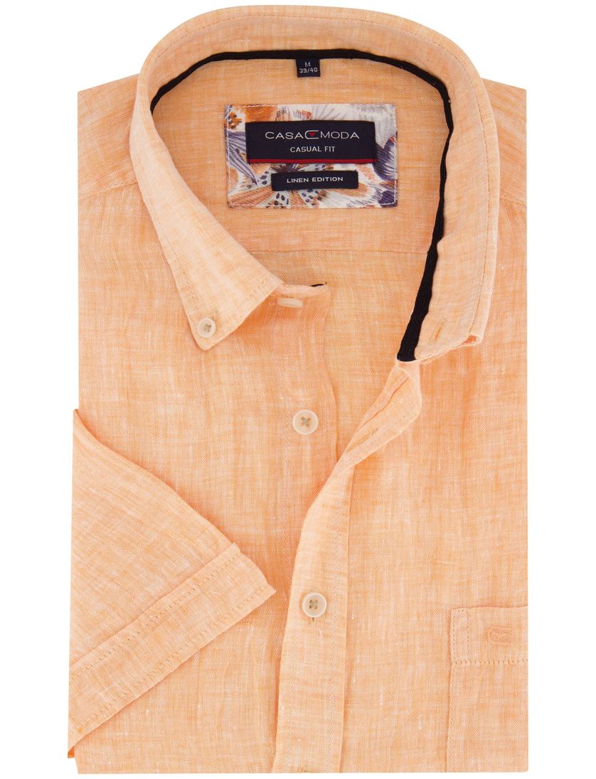 linnen Casa Moda korte mouw overhemd oranje wijde fit