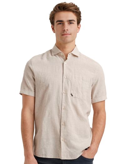 Vanguard overhemd Vanguard korte mouw beige katoen linnen