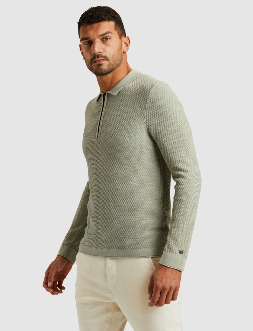 Cast Iron half zip polo gebreid groen slim fit katoen