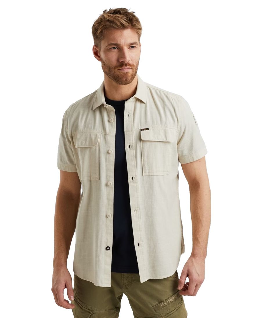 PME Legend overhemd beige korte mouw effen