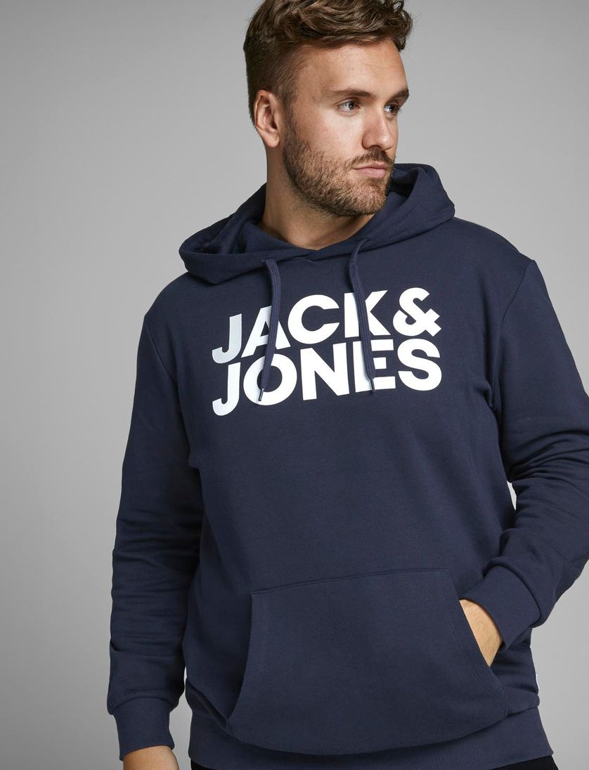 Hoodie Jack & Jones navy opdruk buidelzak