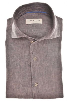John Miller John Miller overhemd mouwlengte 7 Slim Fit bruin effen linnen