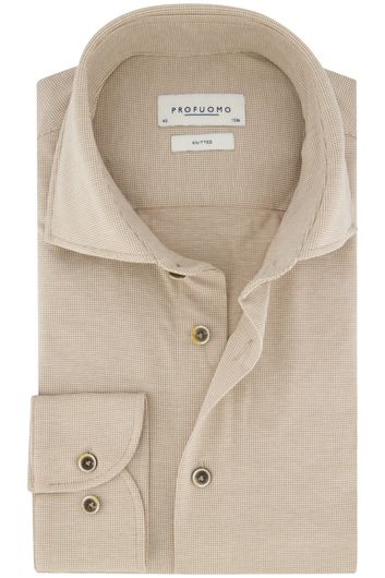 Profuomo business overhemd slim fit beige geruit katoen