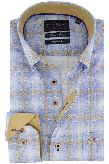 Portofino casual overhemd wijde fit blauw beige geruit katoen