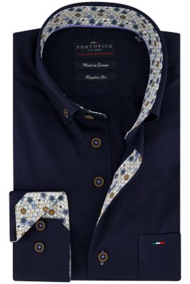Portofino Portofino overhemd wijde fit effen donkerblauw katoen