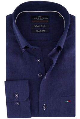 Portofino Portofino casual overhemd wijde fit donkerblauw effen linnen button-down boord