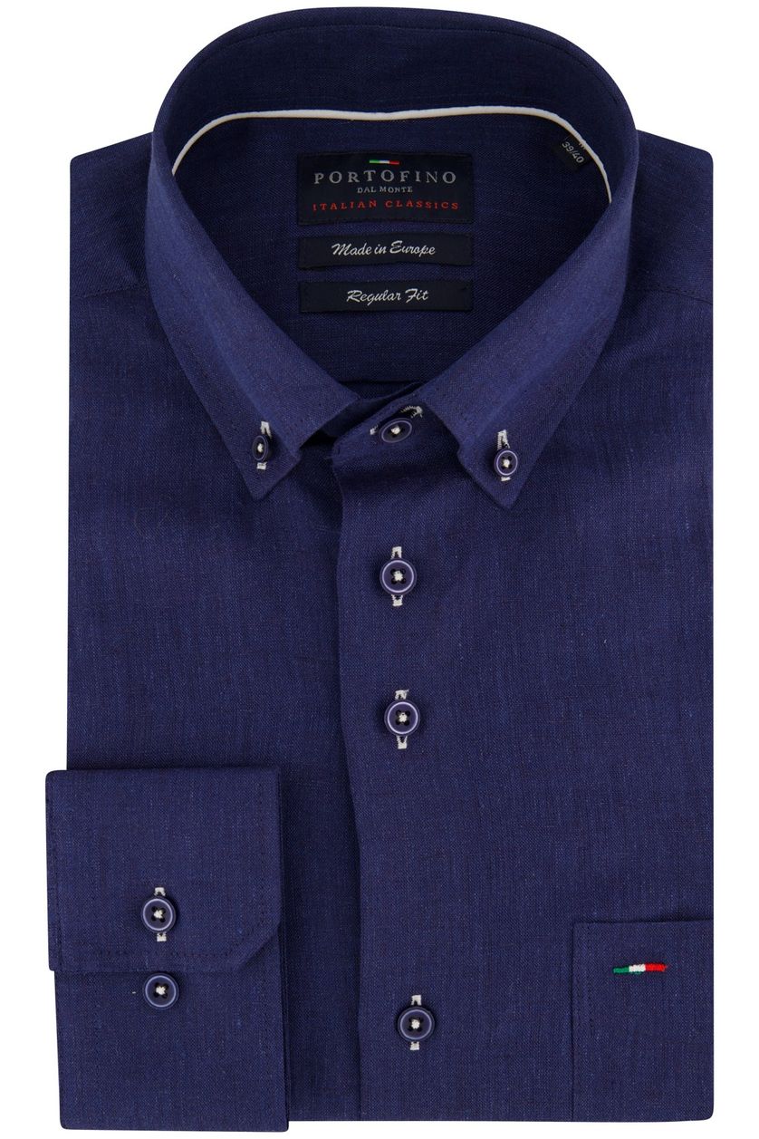 Portofino casual overhemd wijde fit donkerblauw effen linnen button-down boord