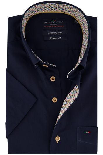Portofino casual overhemd korte mouw wijde fit donkerblauw effen katoen