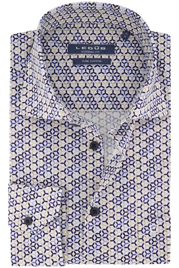 Ledub overhemd mouwlengte 7 normale fit blauw beige geprint