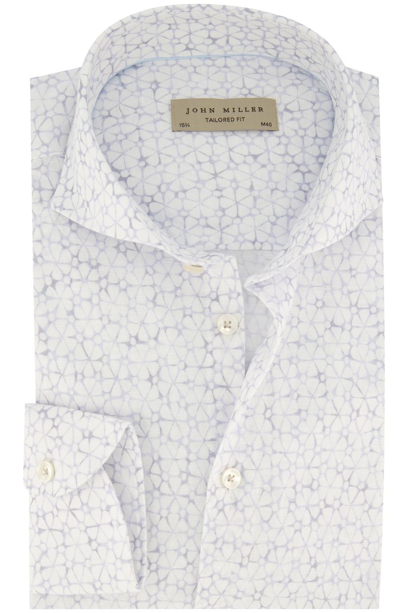 Tailored fit John Miller overhemd mouwlengte 7 wit geprint linnen
