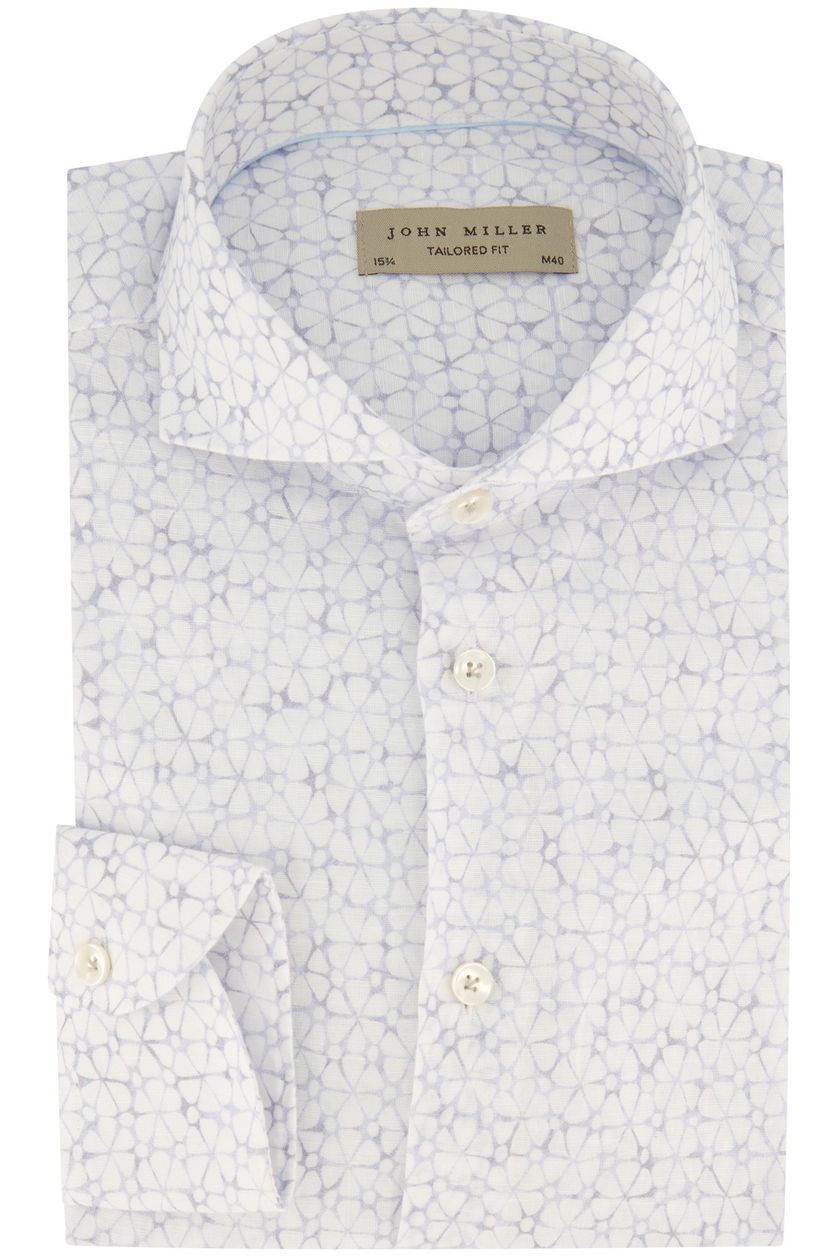 Tailored fit John Miller overhemd mouwlengte 7 wit geprint linnen