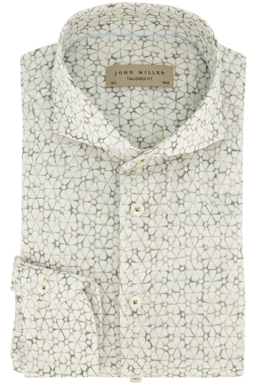 John Miller groen geprint overhemd Tailored Fit linnen mouwlengte 7