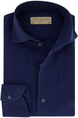John Miller John Miller overhemd mouwlengte 7 Slim Fit slim fit donkerblauw effen linnen