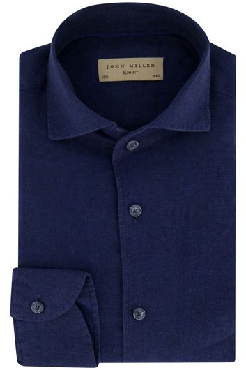 John Miller overhemd mouwlengte 7 Slim Fit slim fit donkerblauw effen linnen