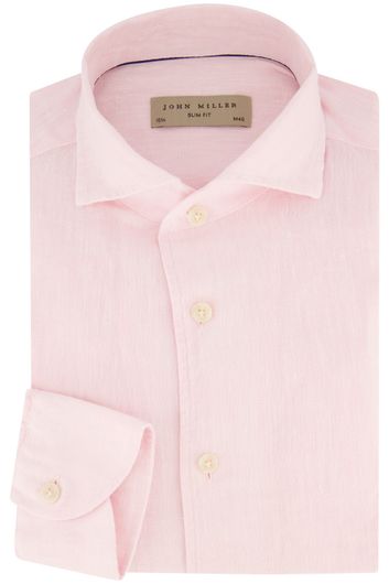 John Miller overhemd mouwlengte 7 Slim Fit slim fit roze effen linnen