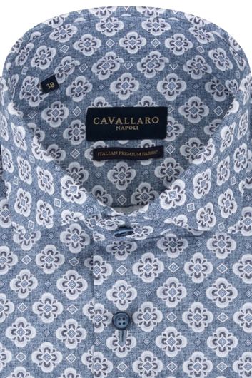 Cavallaro overhemd mouwlengte 7 slim fit blauw geprint katoen