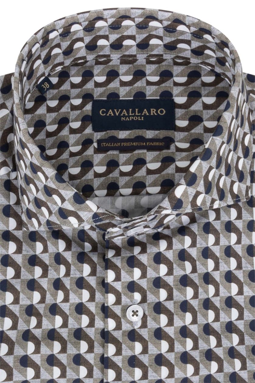 Overhemd Cavallaro mouwlengte 7 donkergroen geprint katoen slim fit