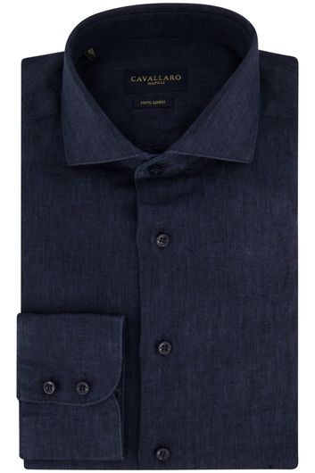 Cavallaro linnen overhemd donkerblauw mouwlengte 7 slim fit