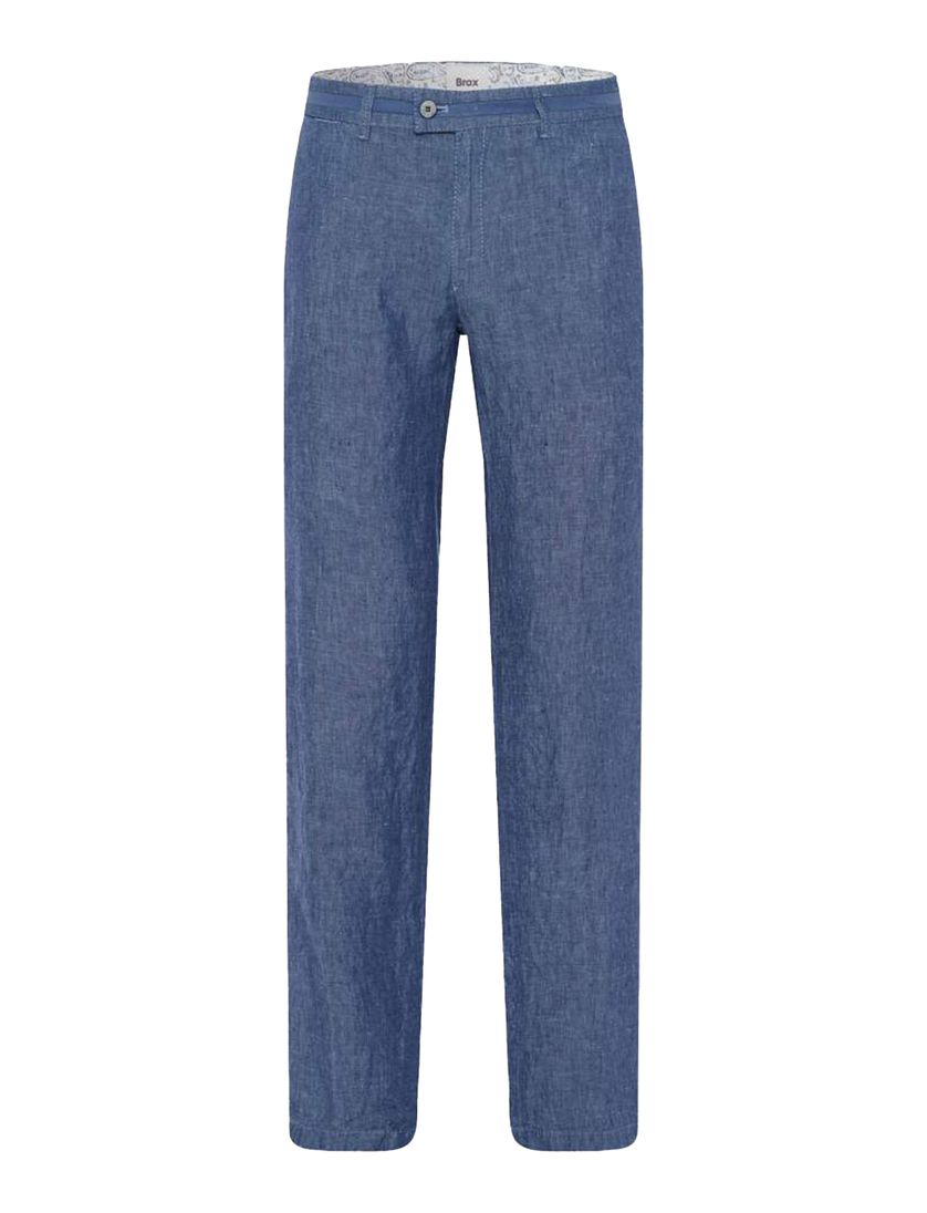 Brax Pantalon linnen blauw effen flatfront gemêleerd