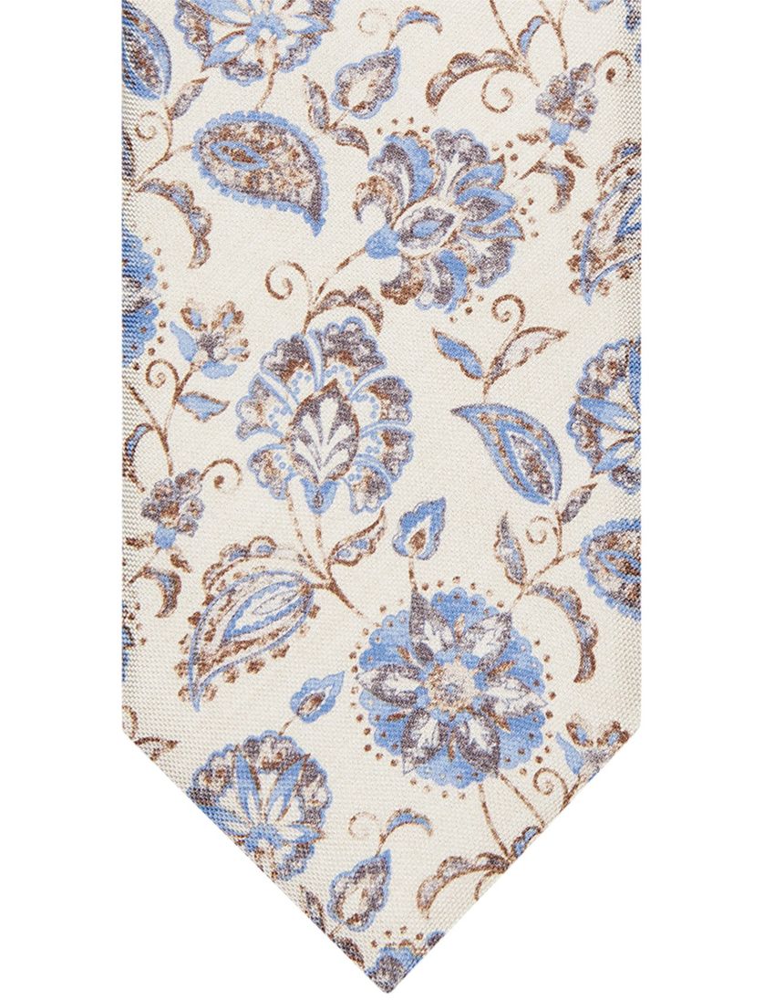Profuomo zijde stropdas beige blauw geprint bloemen
