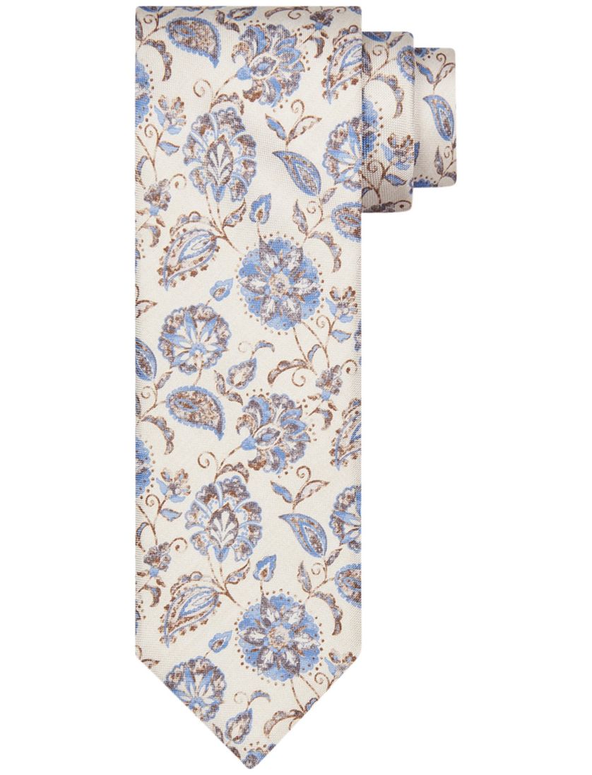 Profuomo zijde stropdas beige blauw geprint bloemen