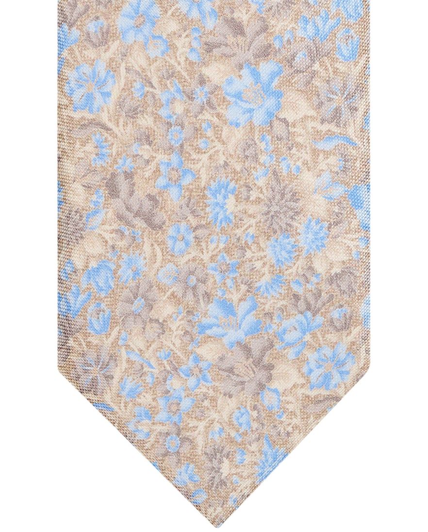 Profuomo stropdas bruin lichtblauw bloemen print zijde