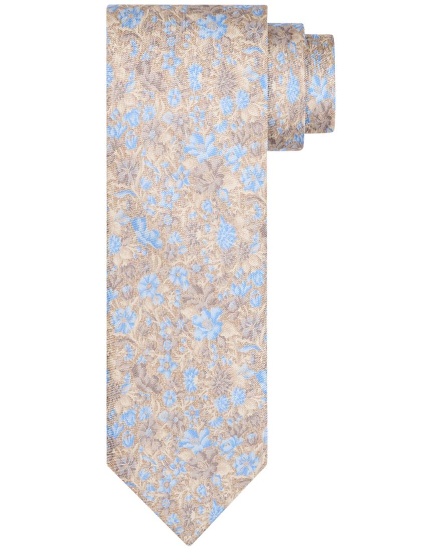 Profuomo stropdas bruin lichtblauw bloemen print zijde