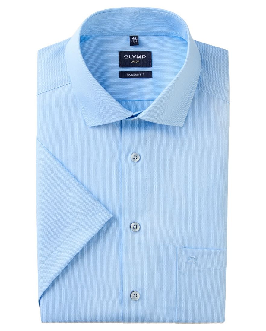 Olymp effen blauw korte mouw overhemd normale fit strijkvrij