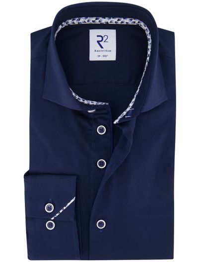 R2 R2 Amsterdam overhemd donkerblauw katoen effen