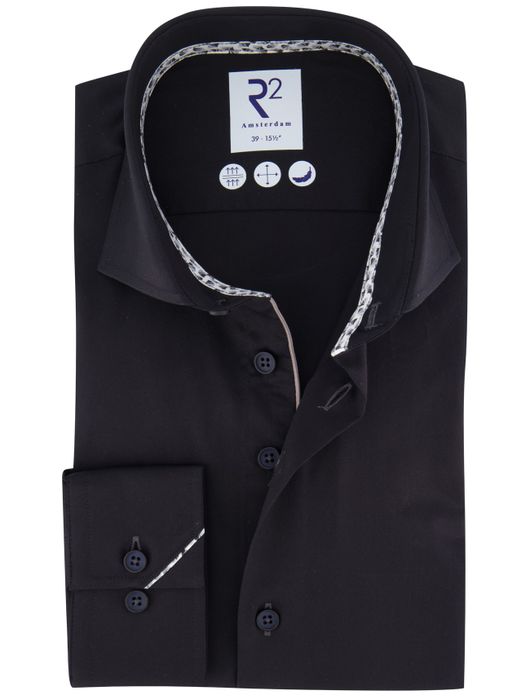 R2 overhemd zwart effen katoen