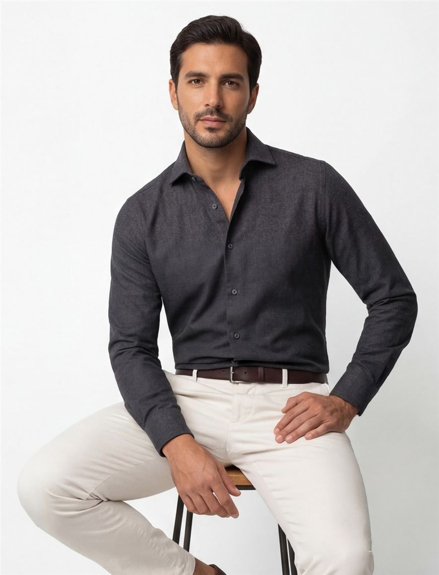 R2 overhemd donkergrijs wol