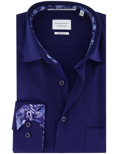 Eterna Eterna overhemd donkerlauw comfort fit effen borstzak