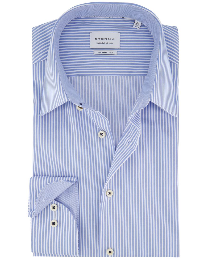 Eterna overhemd blauw gestreept comfort fit ml 7 strijkvrij