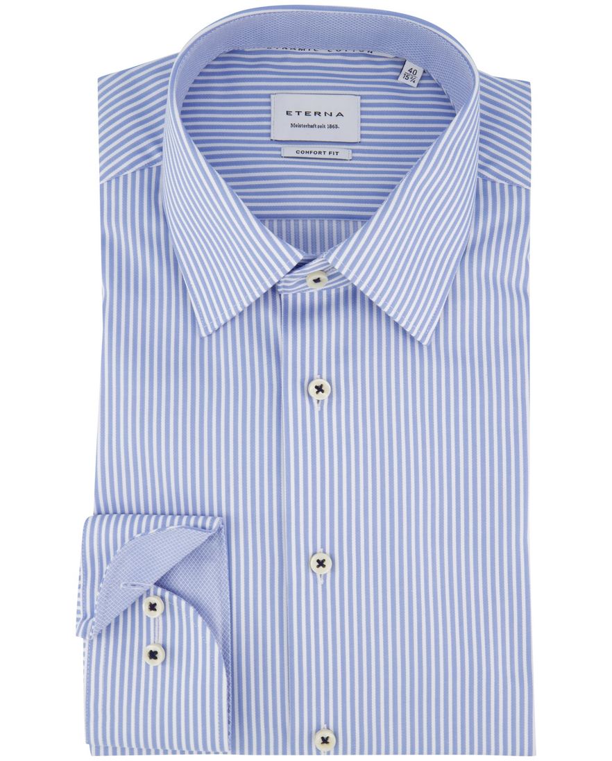 Eterna overhemd blauw gestreept comfort fit ml 7 strijkvrij