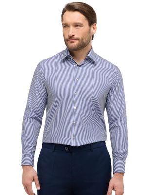 Eterna Eterna donkerblauw gestreept mouwlengte 7 overhemd semi-wide collar
