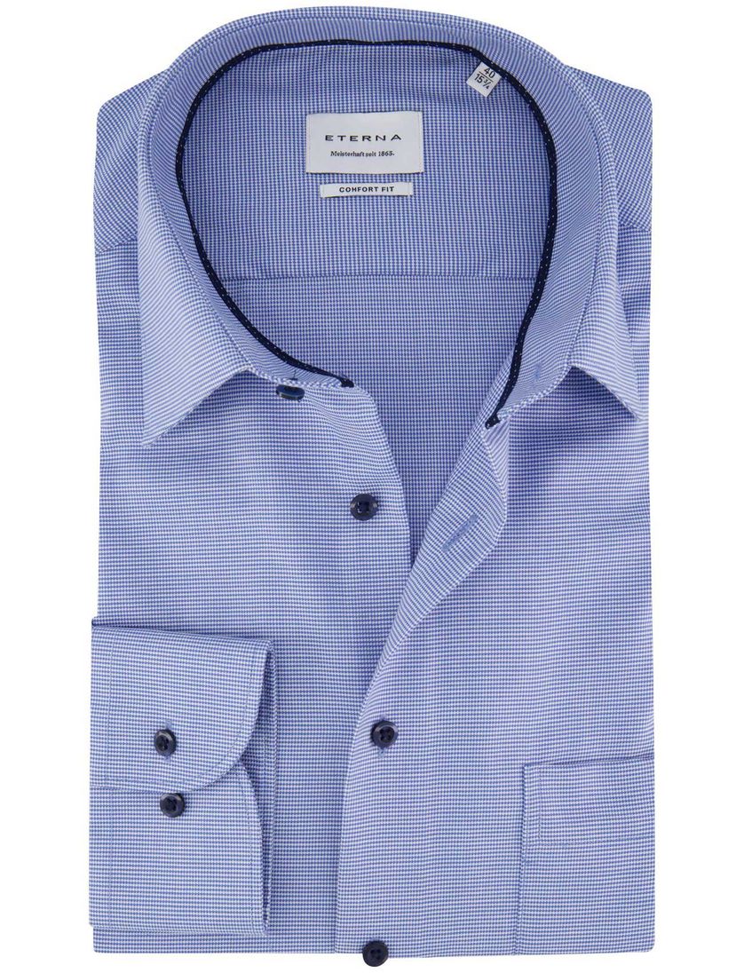 Eterna overhemd blauw geprint borstzak katoen strijkvrij